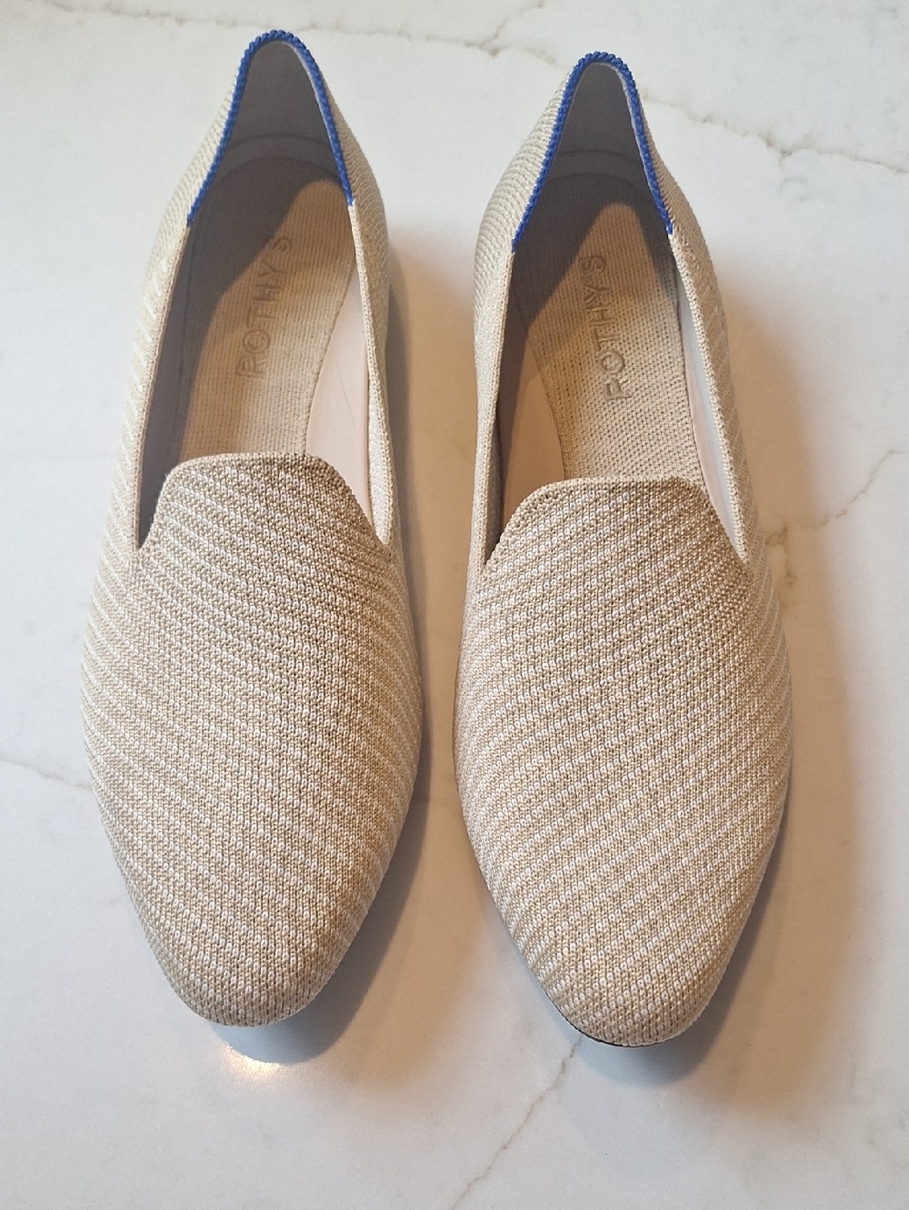 Rothy's Natural Beige Flats with Blue Trim